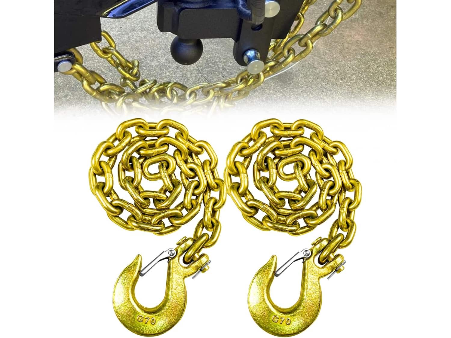 Pair of yellow-zinc FITHOIST G80 trailer safety chains with clevis snap hooks