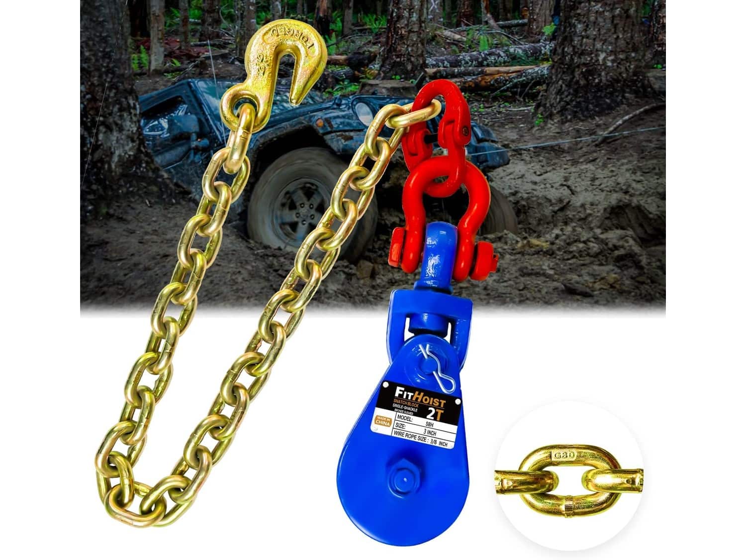 FITHOIST 2-ton snatch block with G80 chain and grab hook